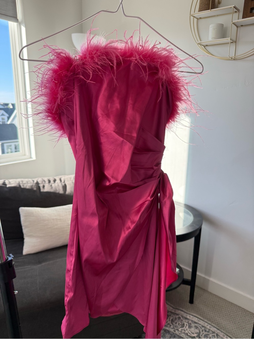 Fuchsia Feather-Trim Mini Dress